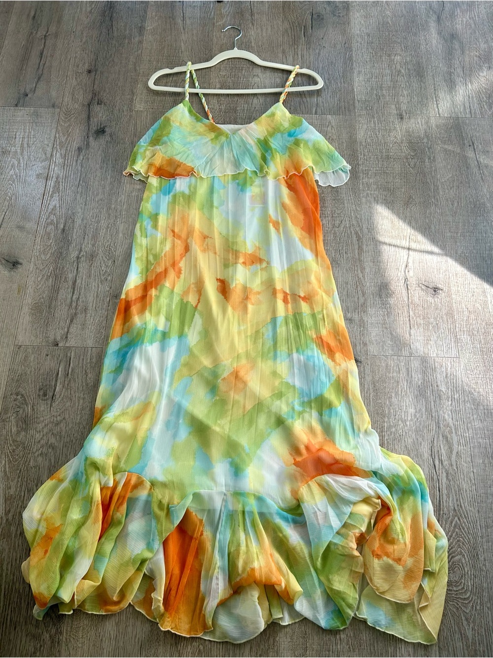 Zara Bohemian Festival Multicolor Watercolor Ruffle Maxi Dress